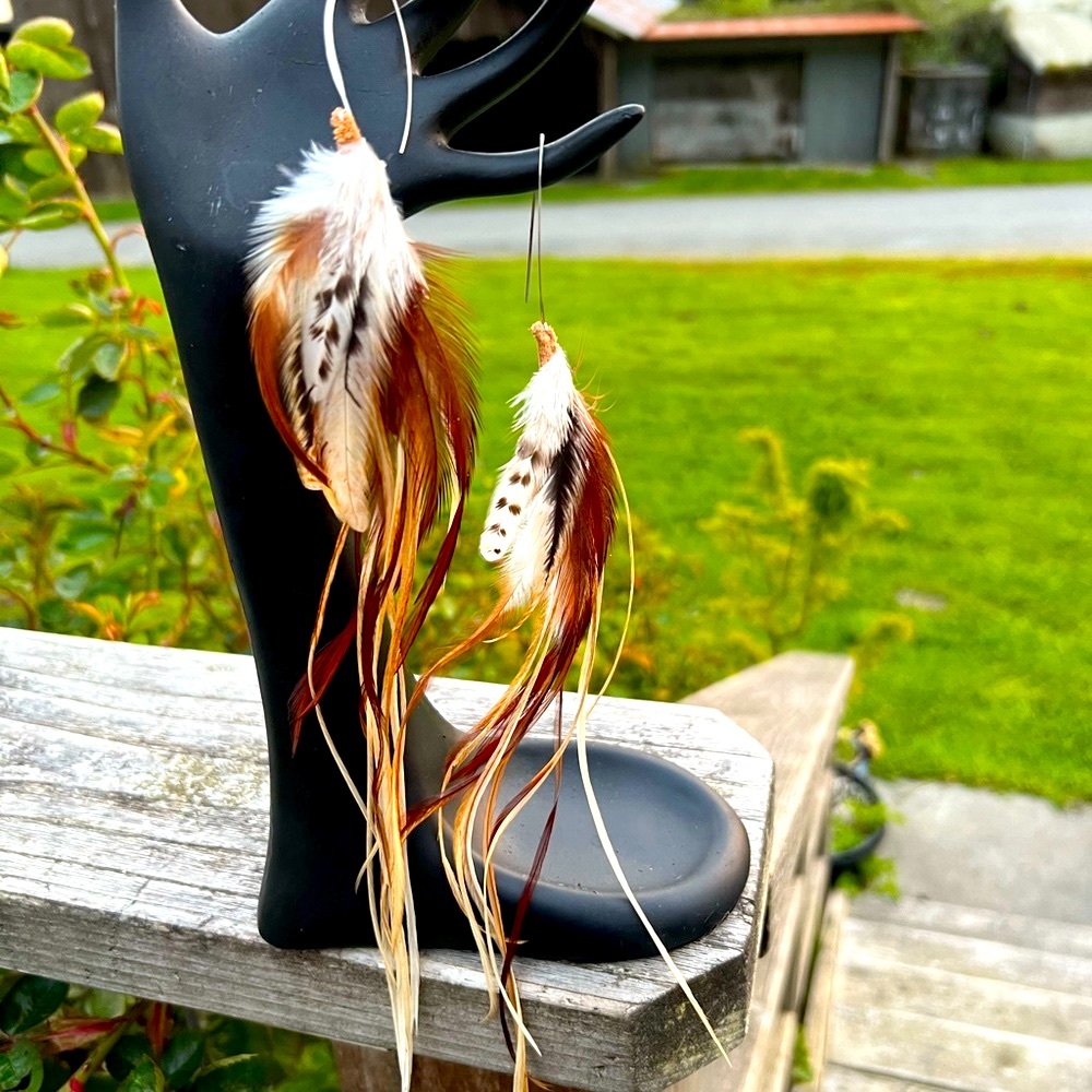 Rare Red Orange Leather Feather Grizzly Earrings XL